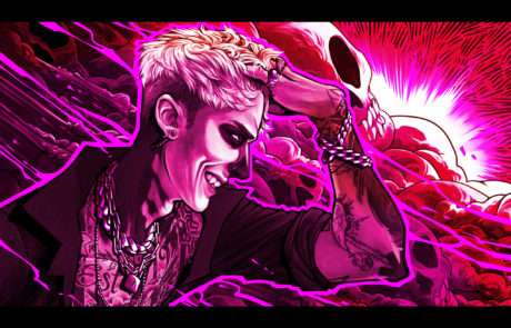 A vivid pink illustration of a tattooed man with his face painted like a skull, moving forward into skull-shaped clouds