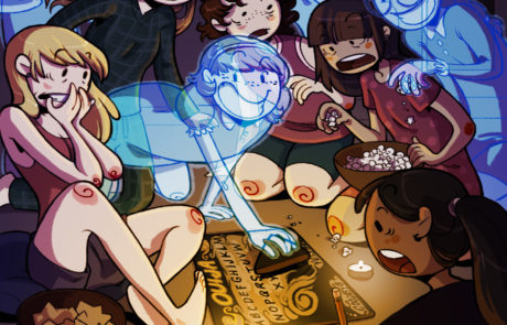 An illustration of a group of girls at a sleepover, freaking out as the planchette on their Ouija board seems to move on its own; it is being moved by an unseen group of laughing ghost girls who are clearly having their own sleepover at the same time.