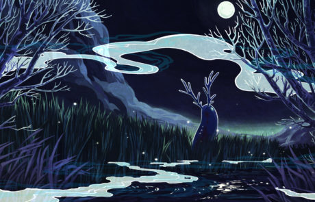 A night time view of a swamp; a strange, translucent, antlered creature looks up at the moon through the trees as fog twists around it