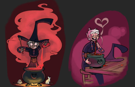 An illustration of a witch standing above a cauldron brewing a devilish potion, and then the same witch sitting at a table eating pasta out of the cauldron.