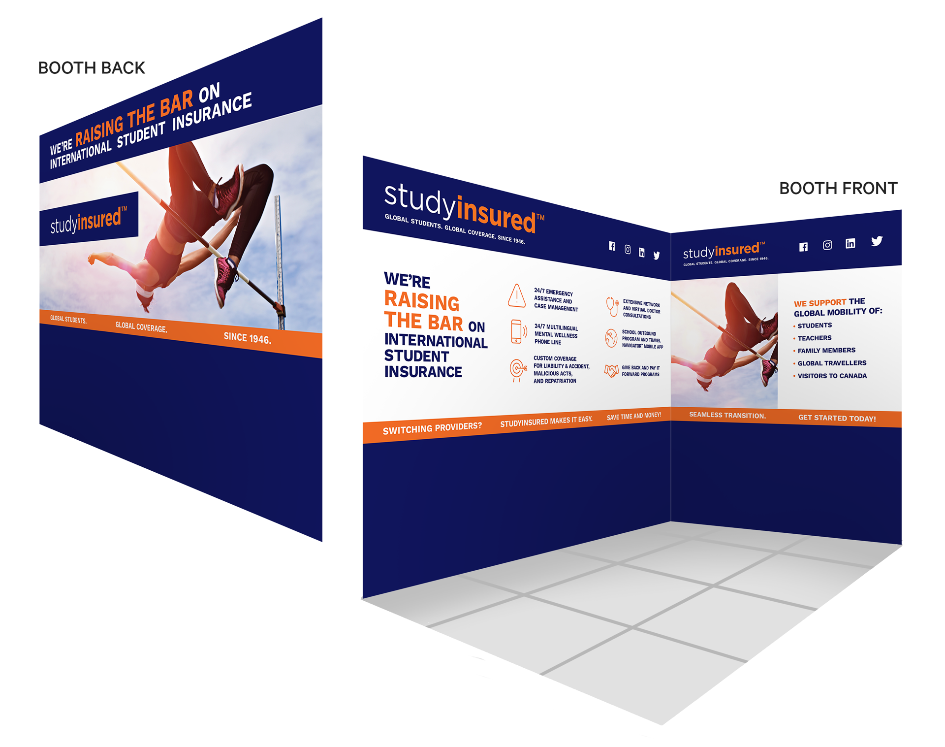 Front and back views of a StudyInsured booth design