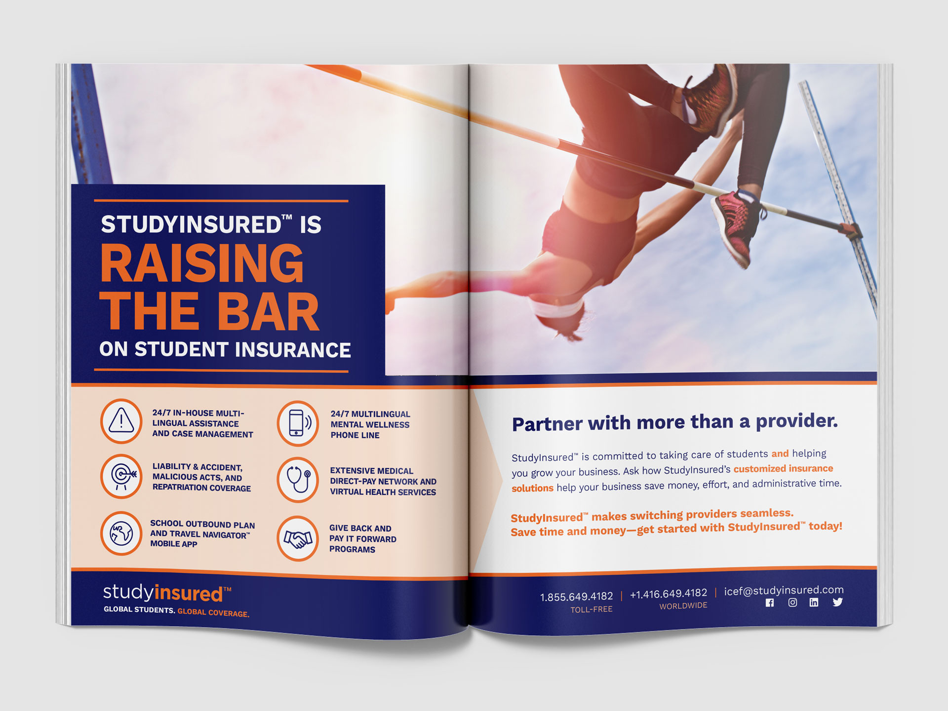 A double-page magazine spread ad for StudyInsured